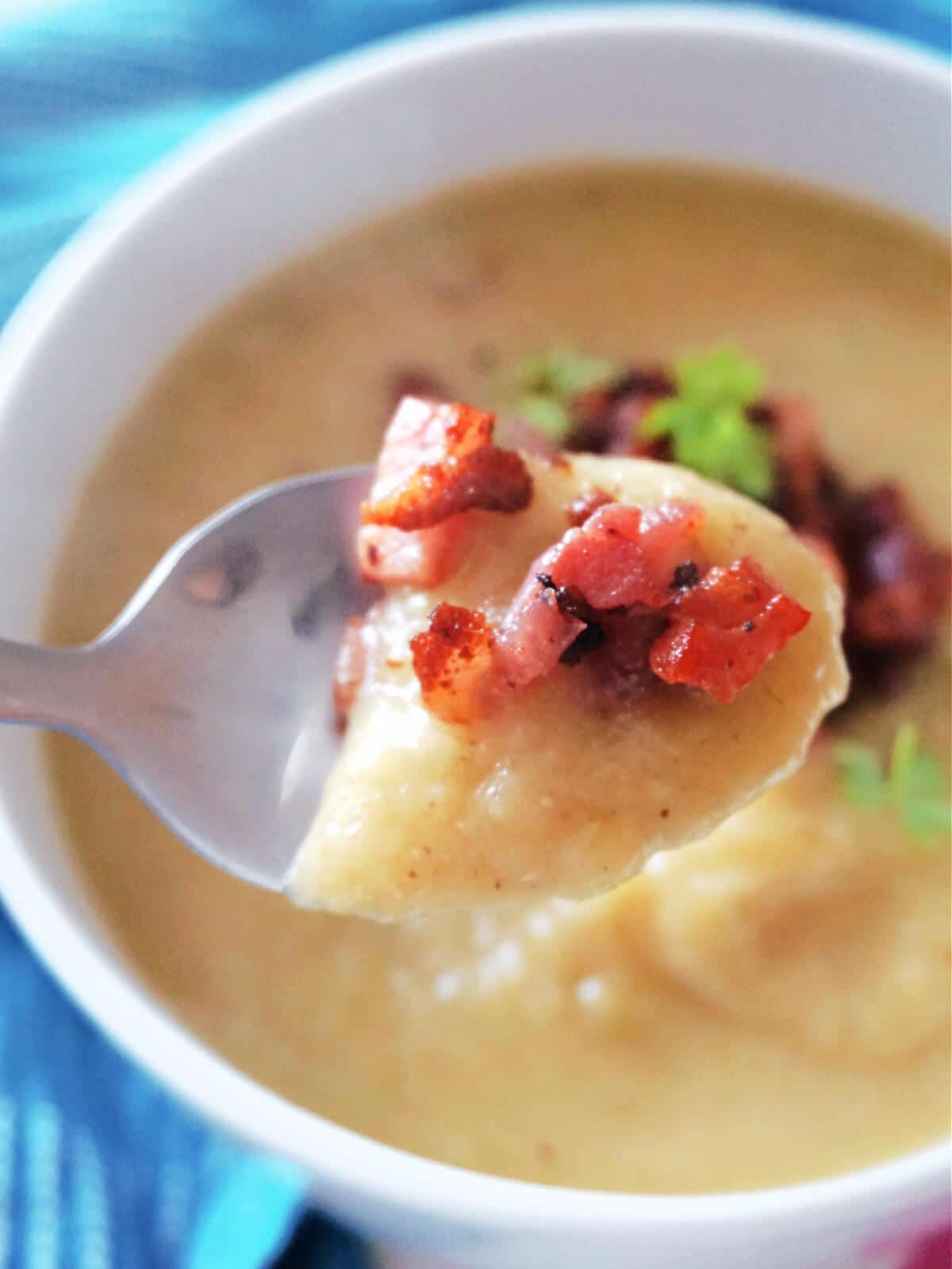 A spoonful of creamed leek and potato soup with bacon bits.