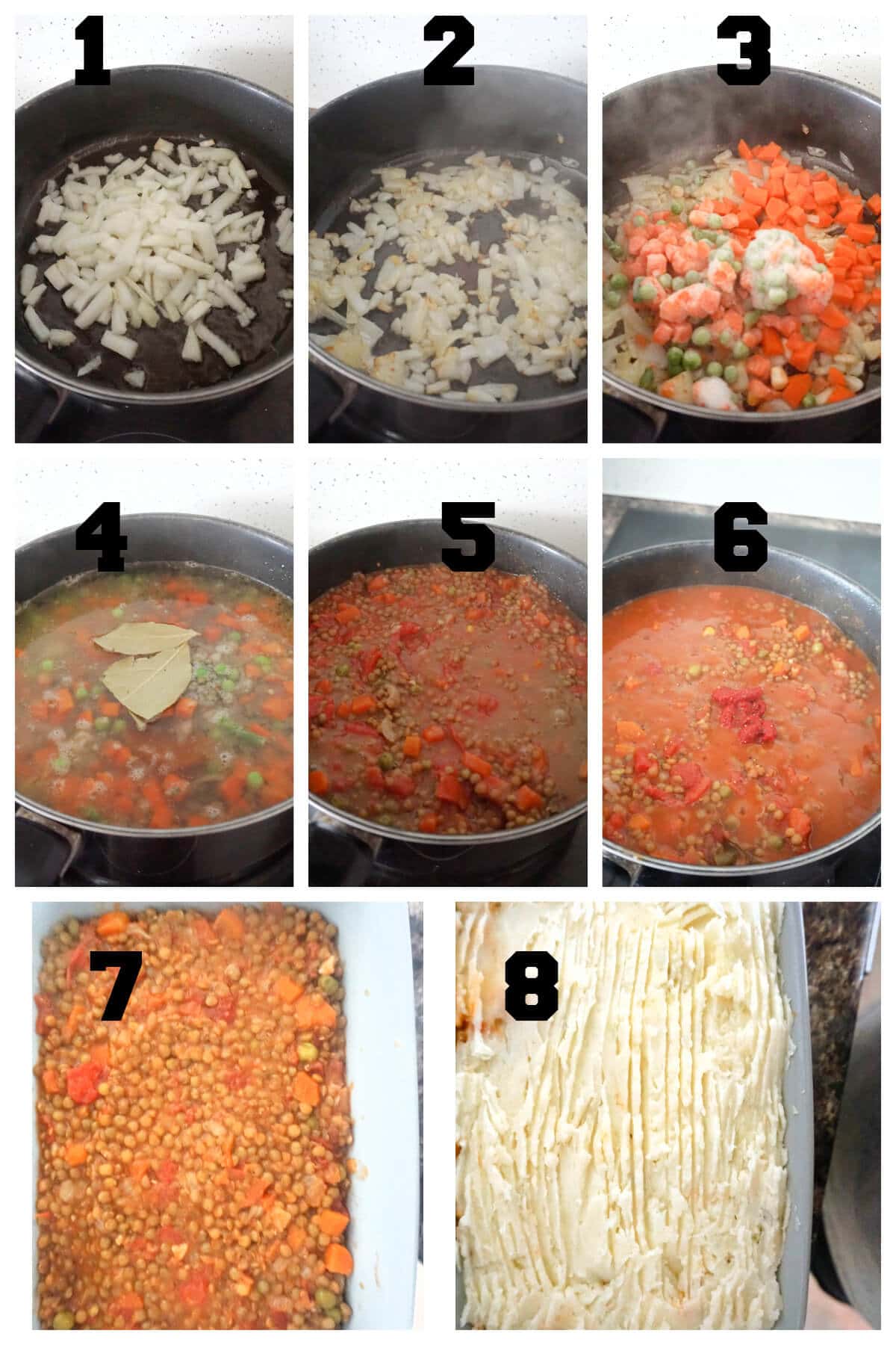Collage of 8 photos to show how to make lentil shepherd's pie.