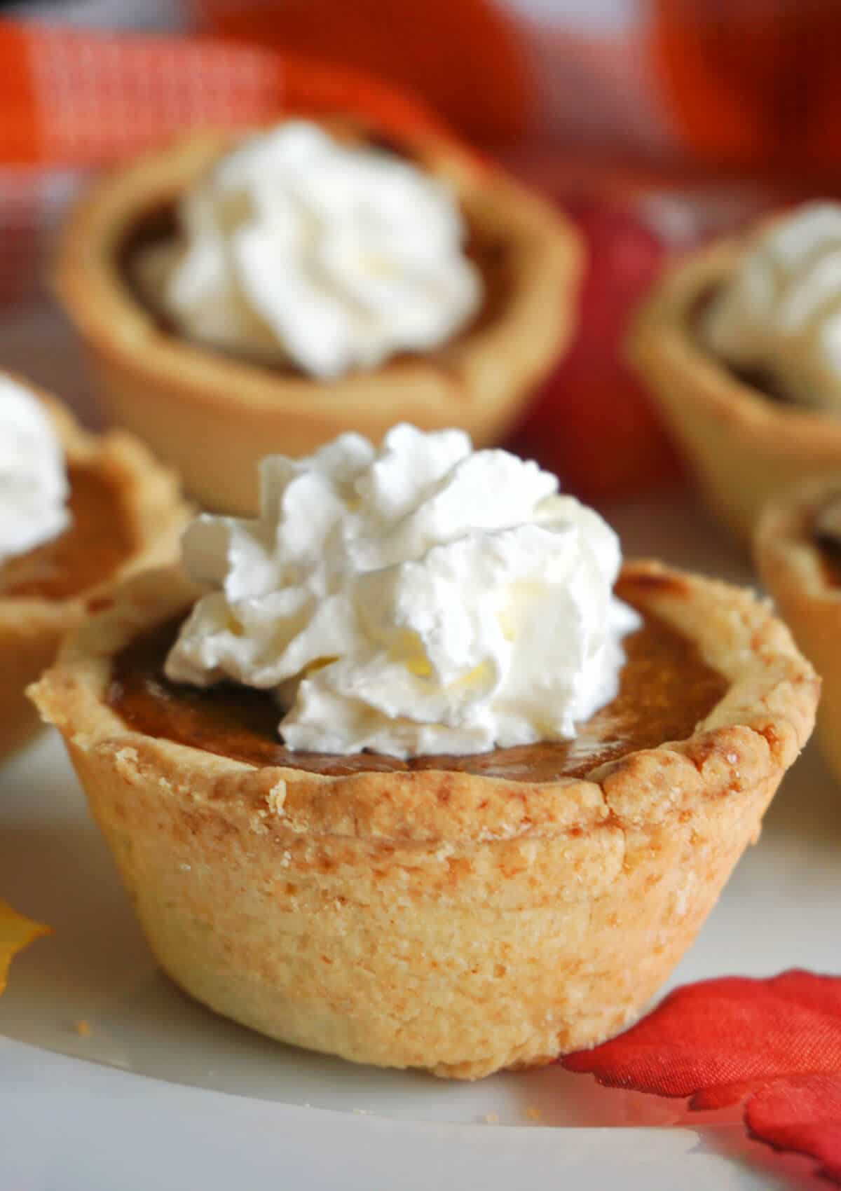 A mini pumpkin pie topped with whipped cream with more pies in the background.