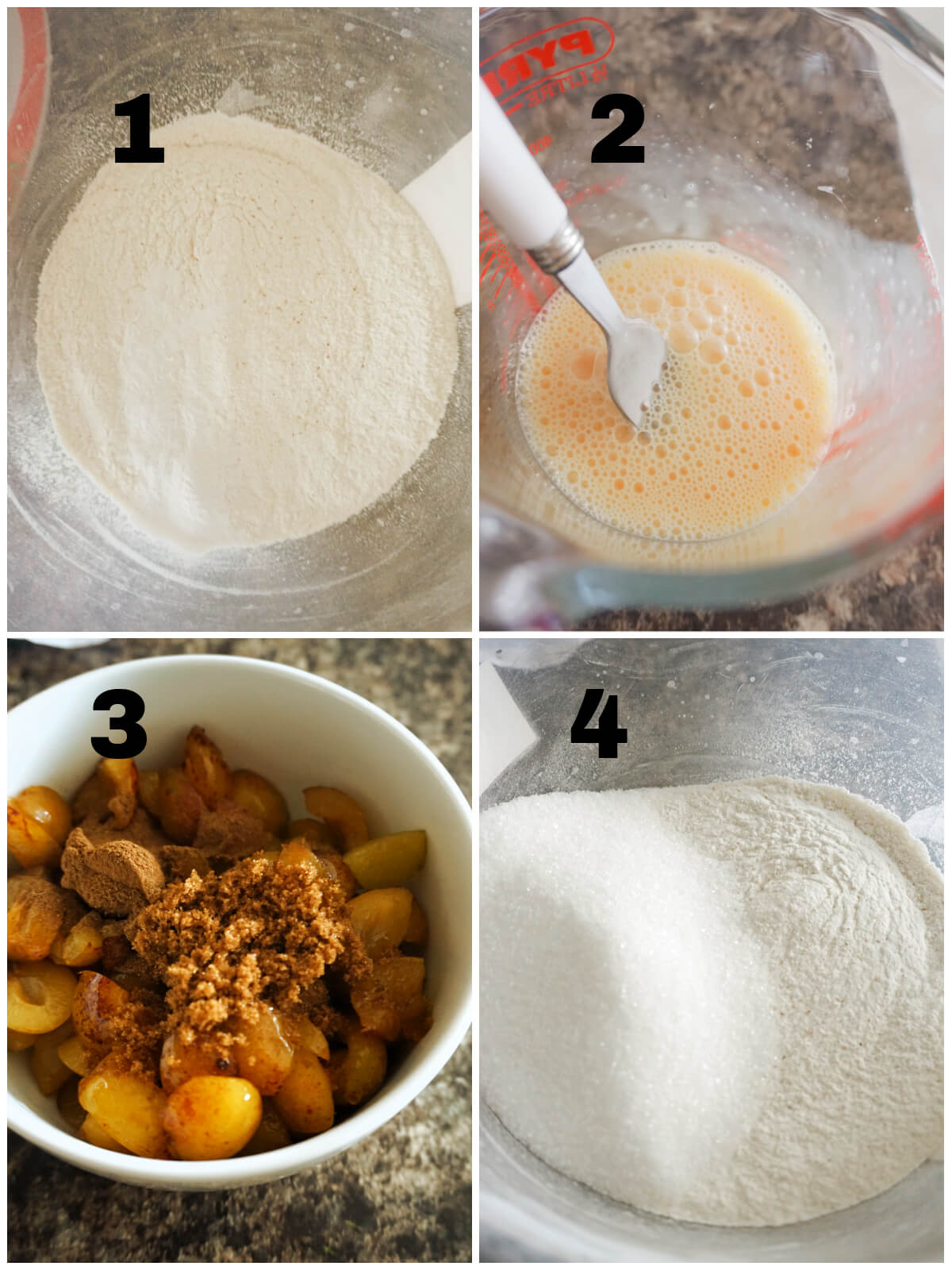 Collage of 4 photos to show how to make plum muffins.