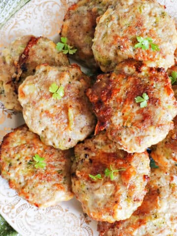 Overhead shoot of a plate with a pile of turkey patties