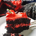 A slice of black velvet cake with red cream cheese icing.