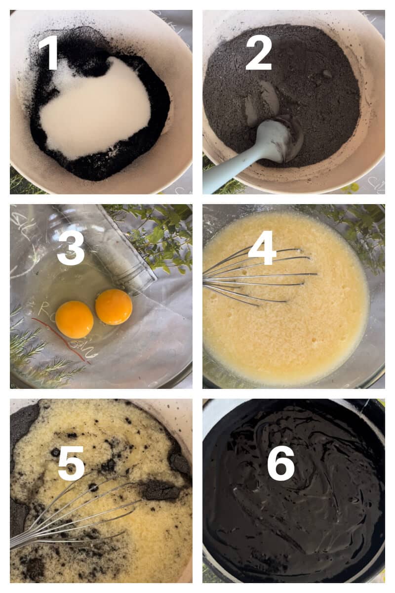 Collage of 6 photos to show how to make black velvet cake sponge.