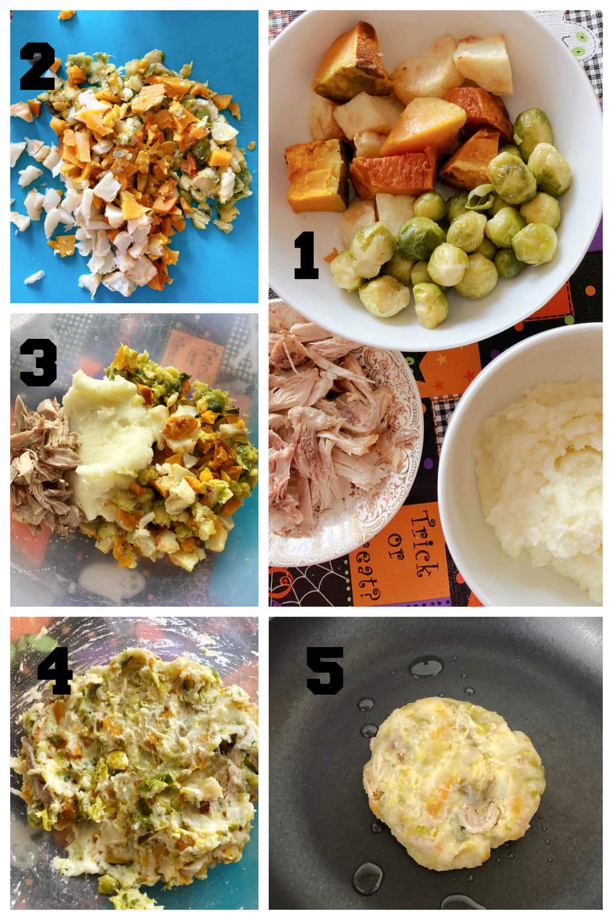 A collage of 5 photos to show how to make bubble and squeak.