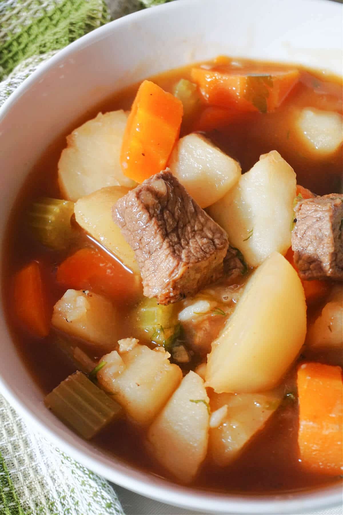 A close-up shoot of a white bowl with beef and veggie stew.