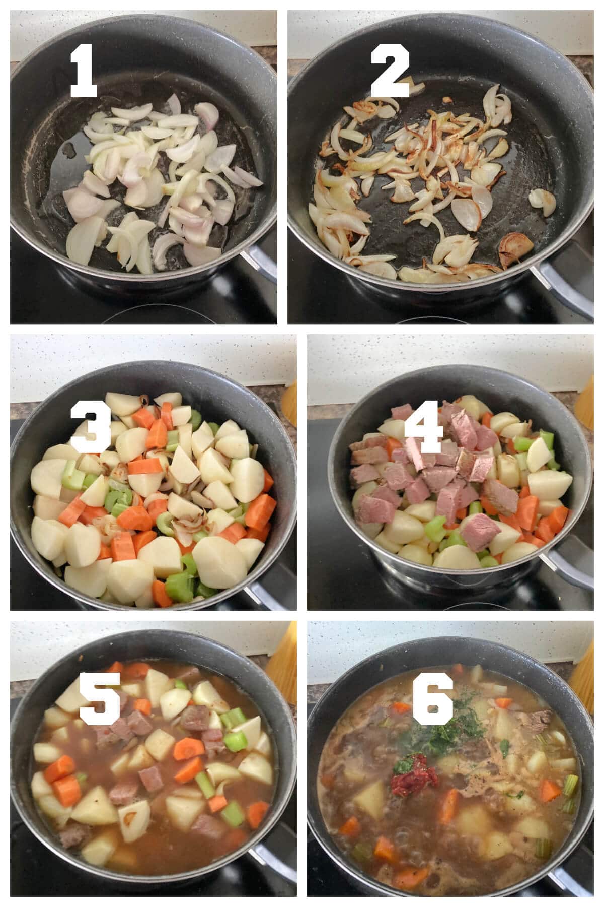 Collage of 6 photos to show how to make leftover roast beef stew.