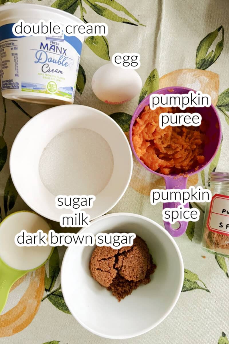 Ingredients used to make pumpkin pie filling.