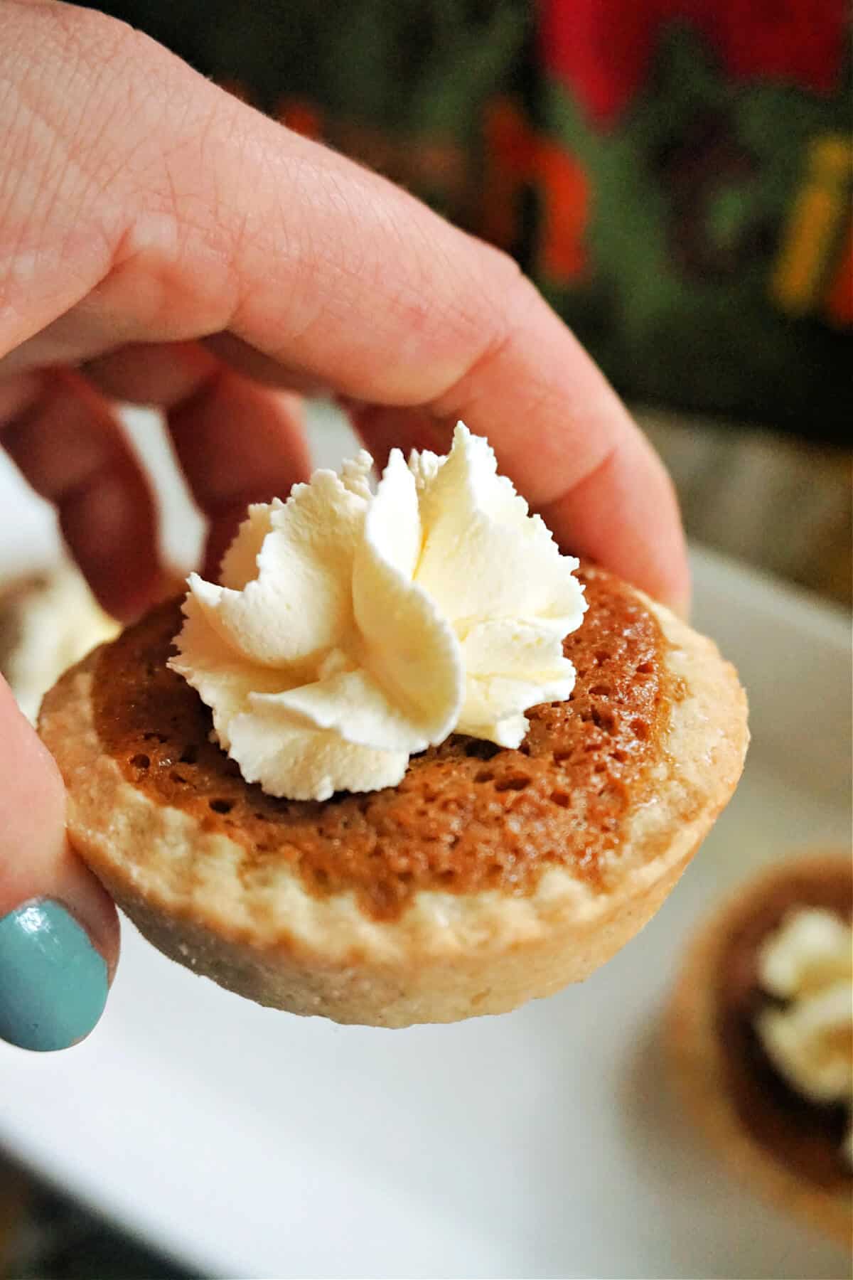 A hand holding a mini pumpkin pie topped with cream.