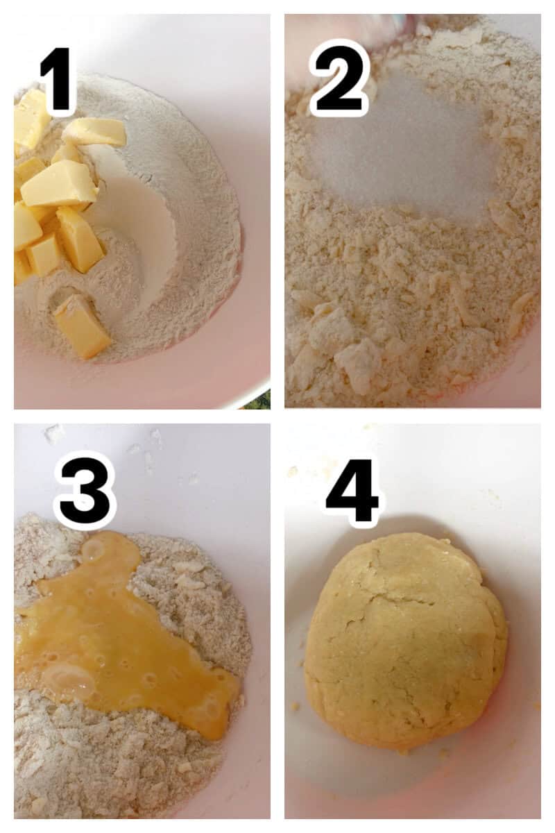 Collage of 4 photos to show how to make sweet shortcrust pastry.