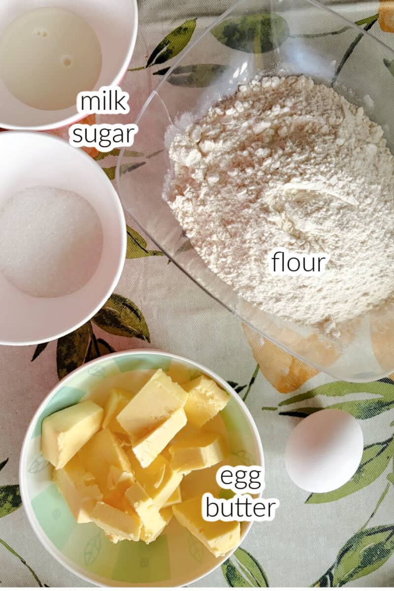 Ingredients used to make shortcrust pastry.