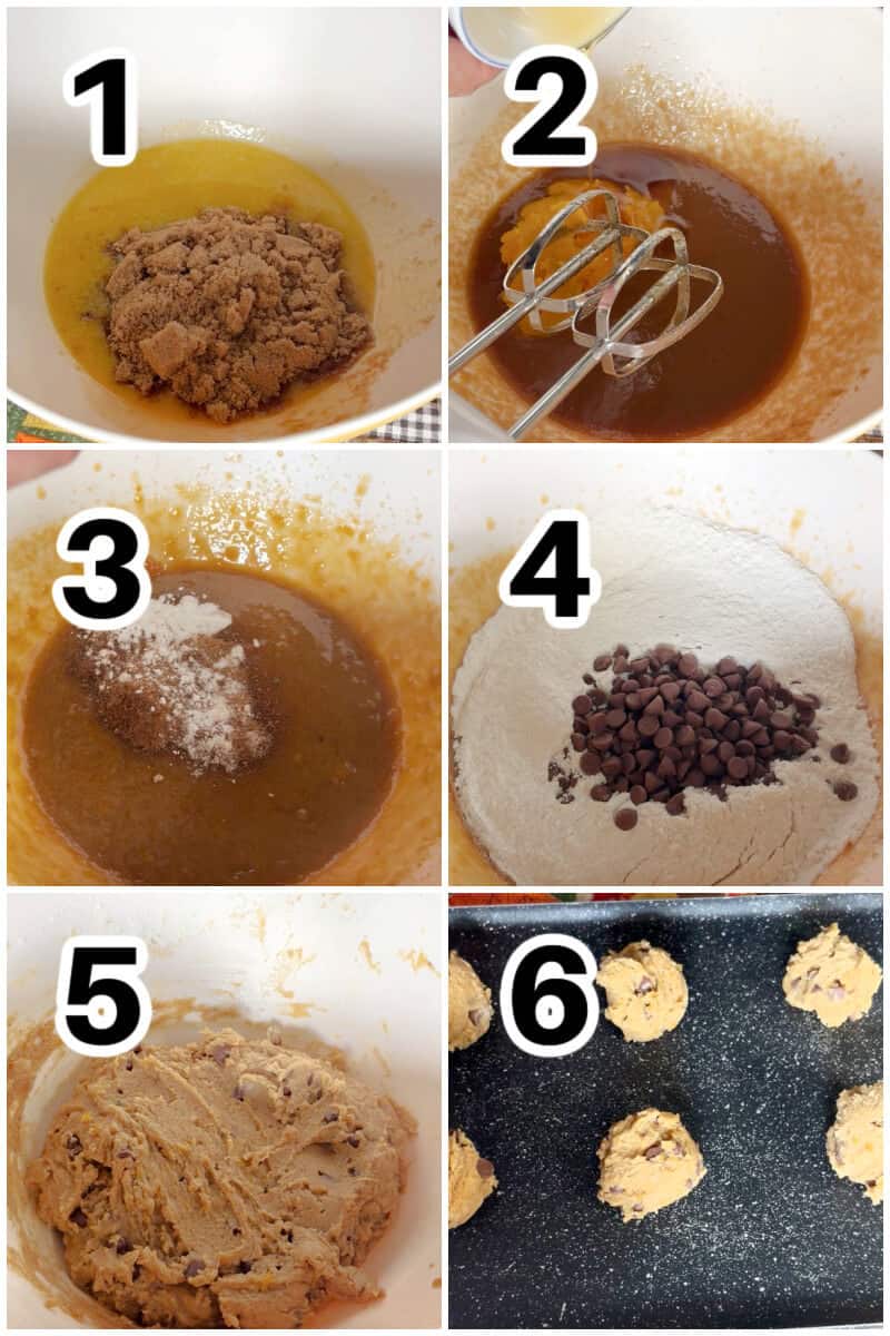 Collage of 6 photos to show how to make chocolate chip cookies with pumpkin puree.