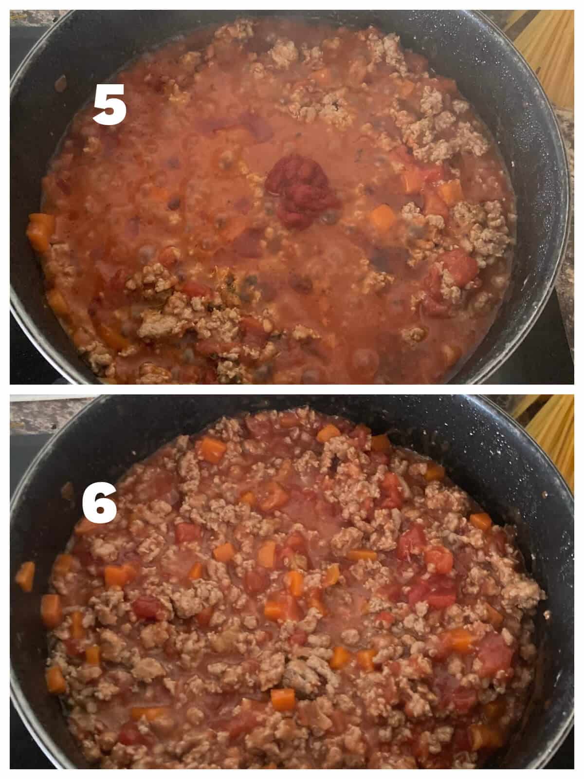 Collage of 2 photos to show how to make turkey mince bolognese.