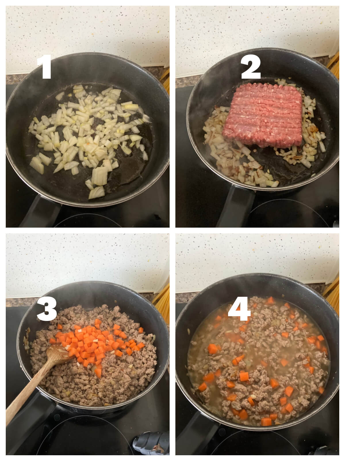 Collage of 4 photos to show how to make bolognese sauce.