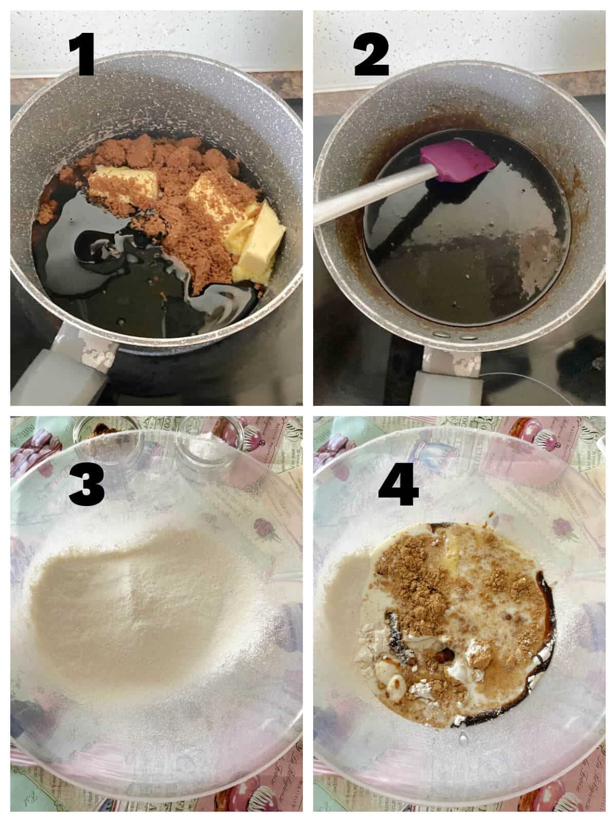 Collage of 4 photos to show how to make ginger cake