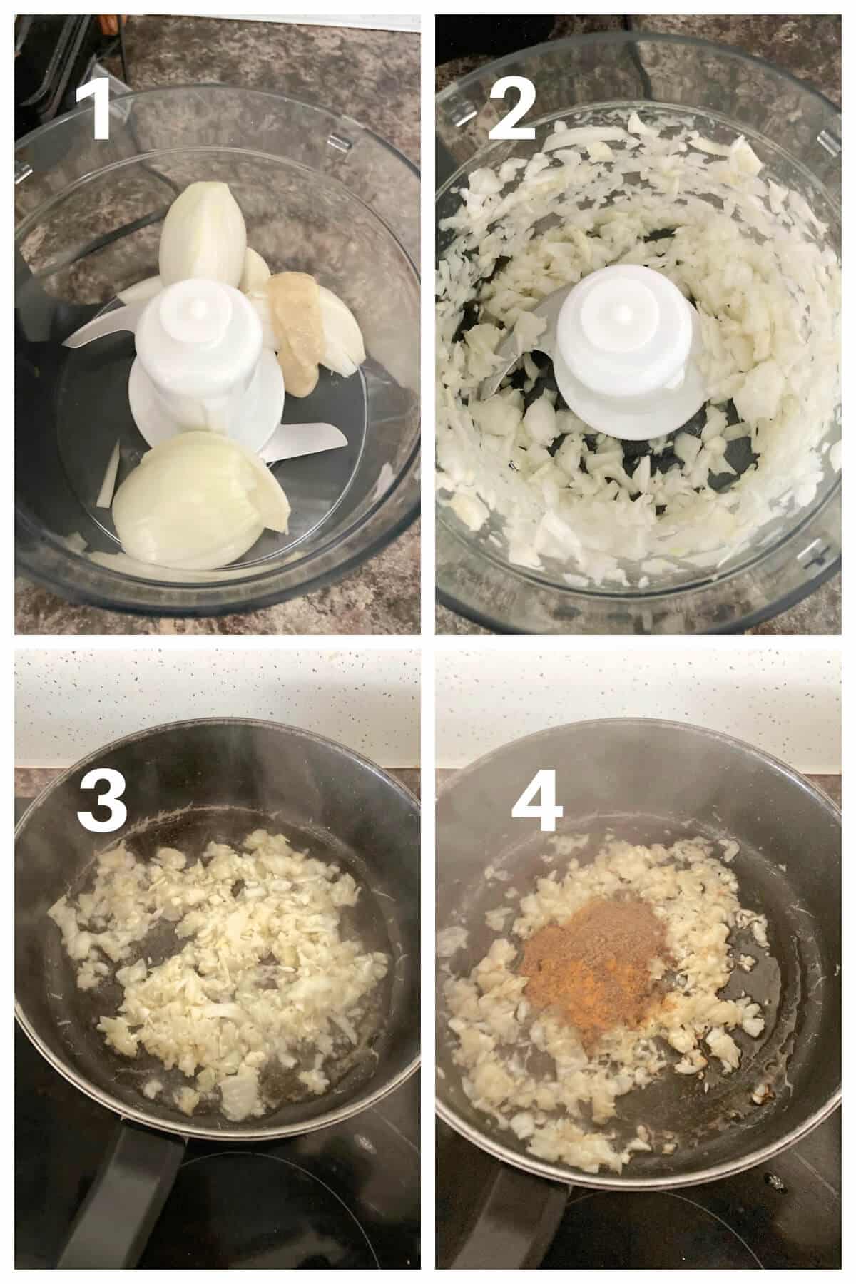 Collage of 4 photos to show how to make turkey curry