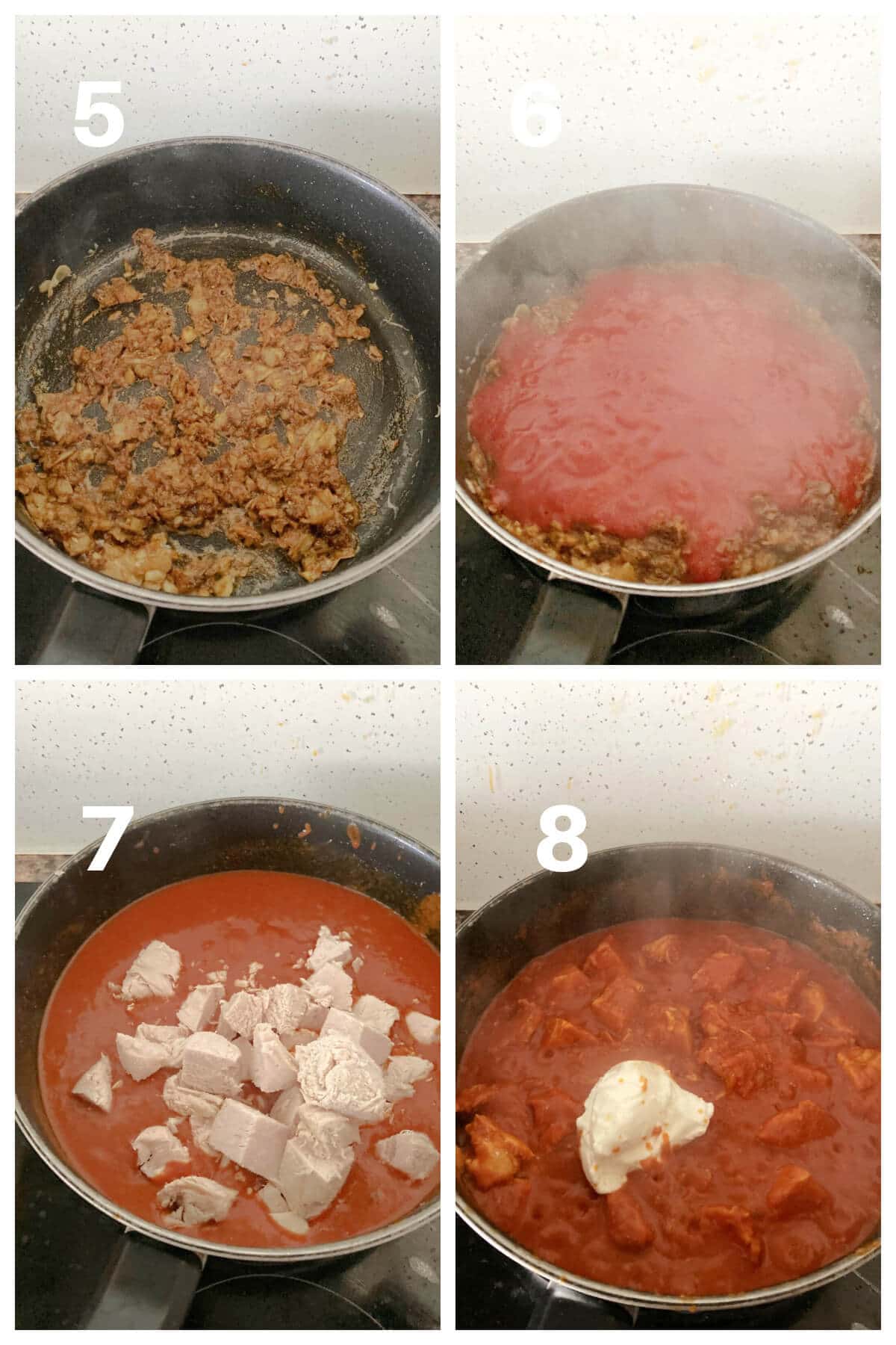 Collage of 4 photos to show how to make leftover turkey curry