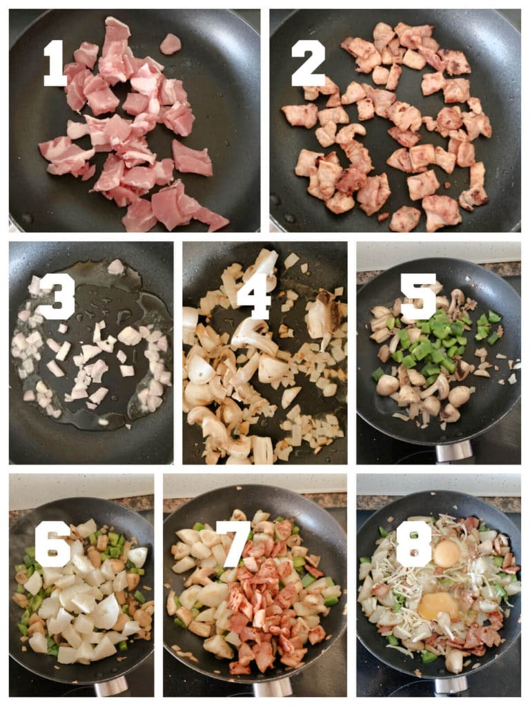 A collage of 8 photos to show how to make potato hash with eggs