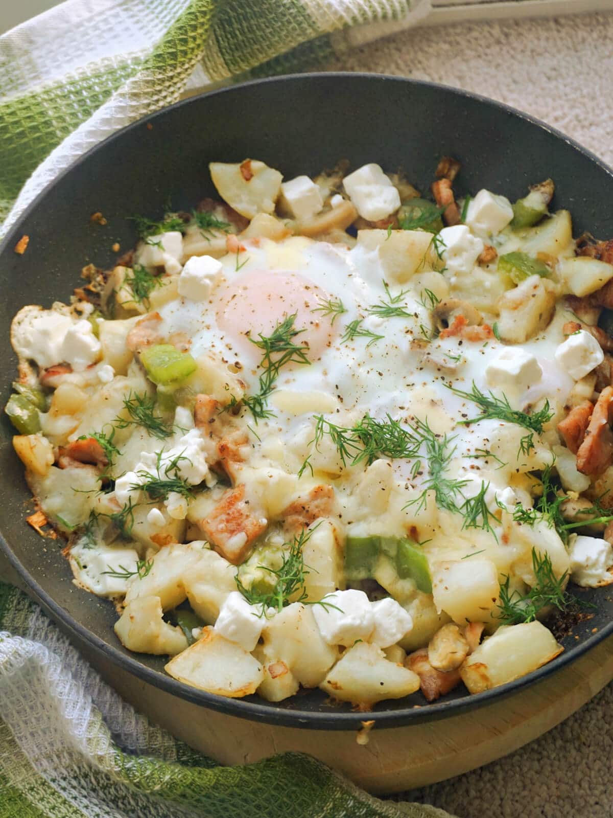 A skillet with breakfast hash