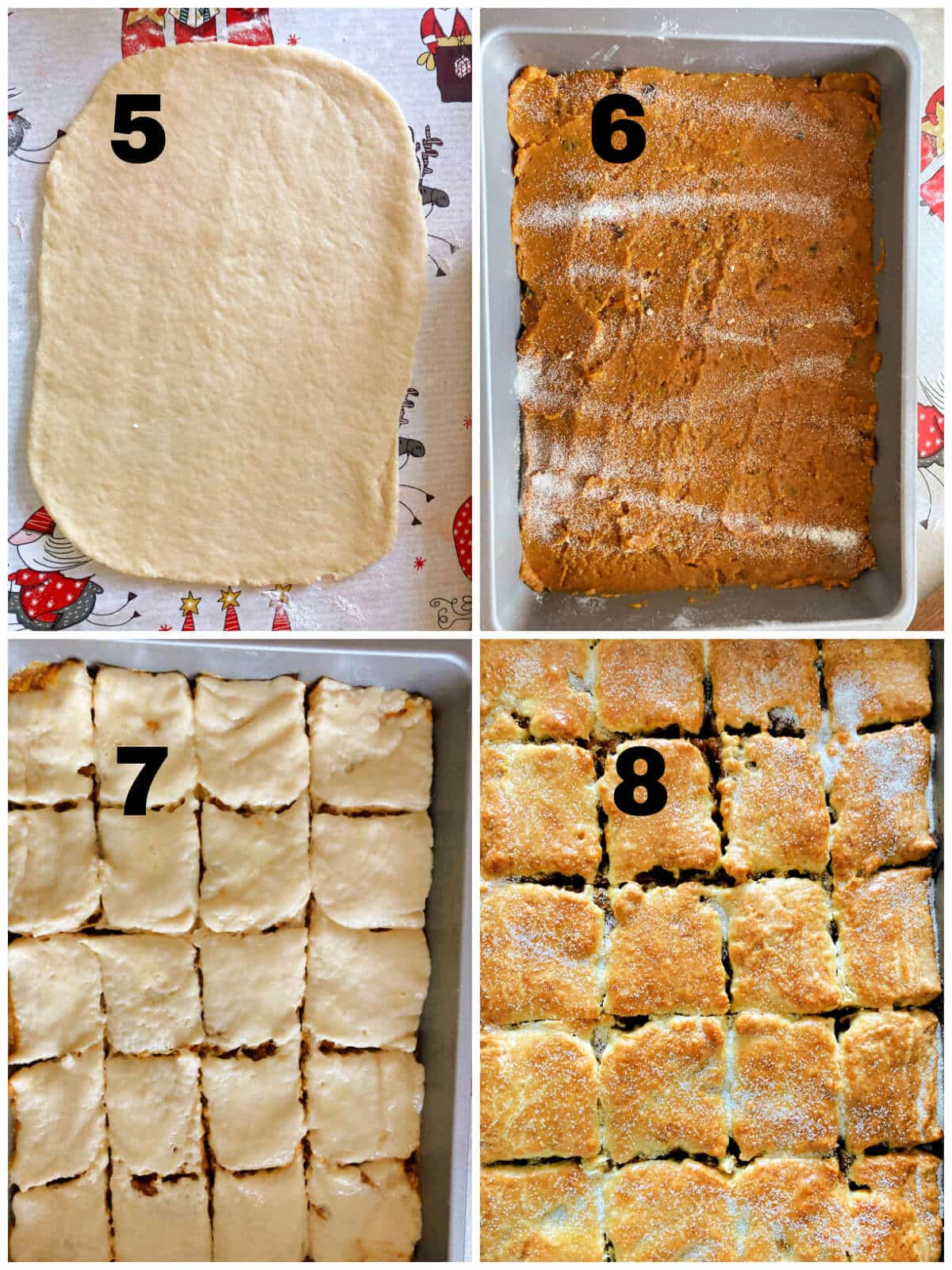 Collage of 4 photos to show how to make pumpkin squares.