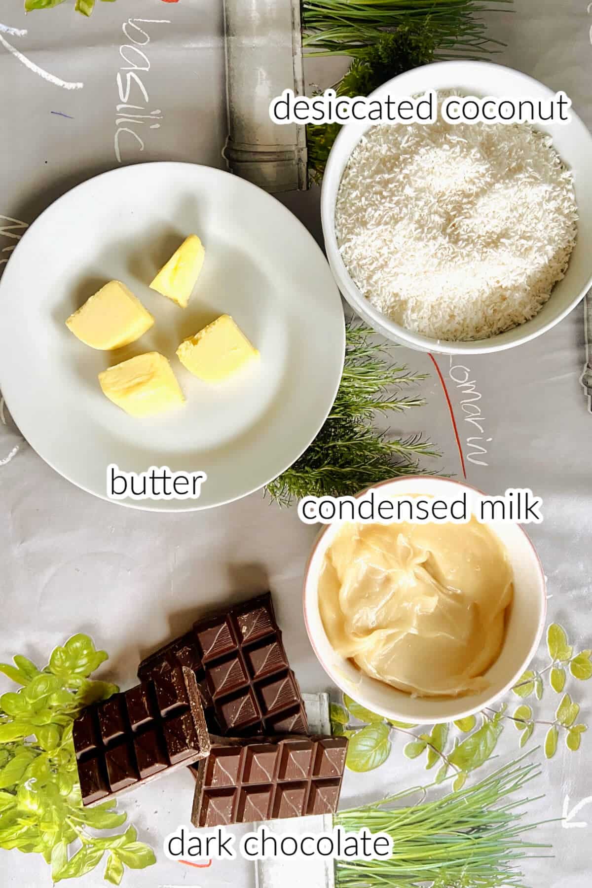 Ingredients needed to make coconut balls.
