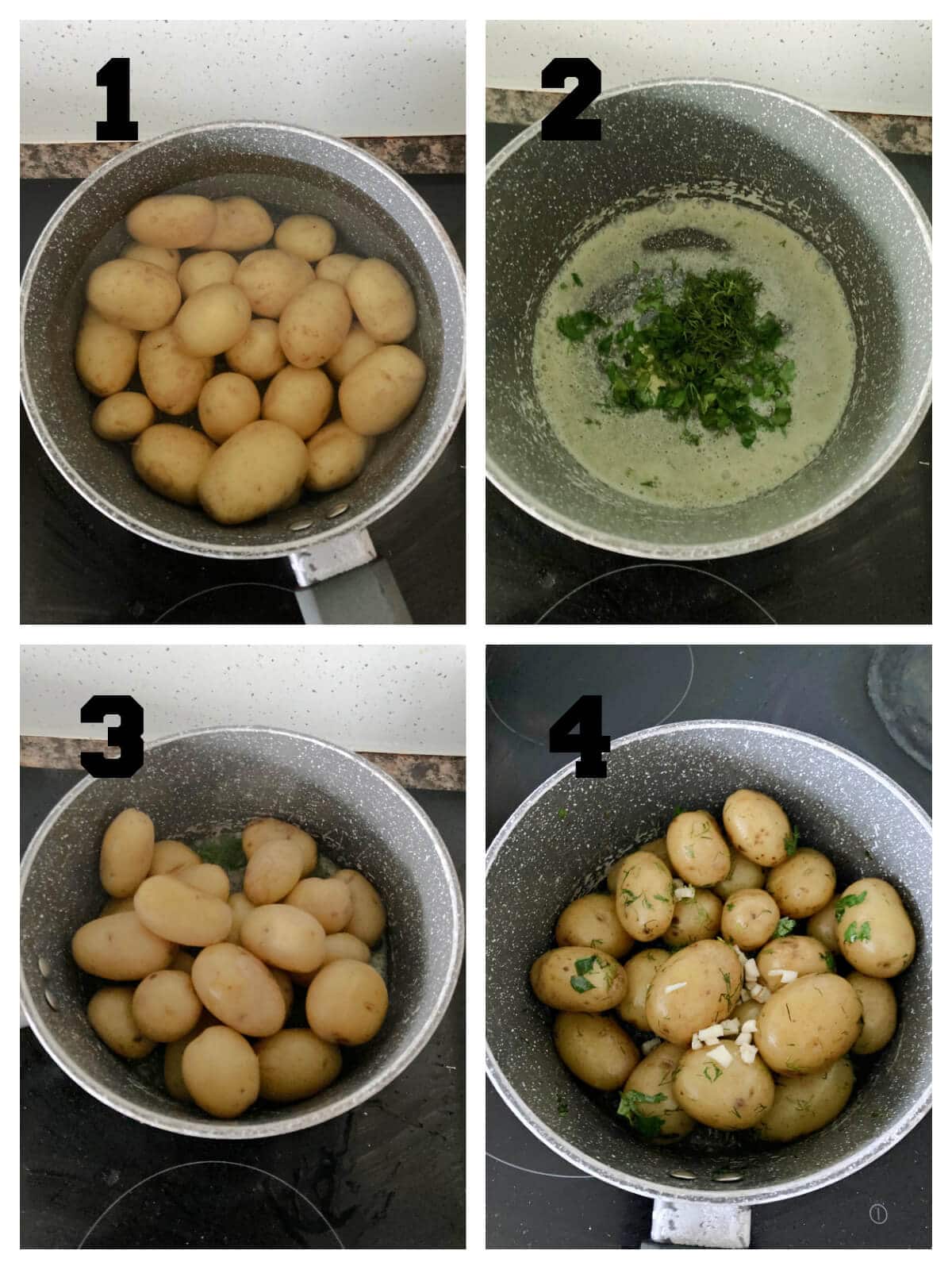 Collage of 4 photos to show how to make garlic butter baby potatoes.