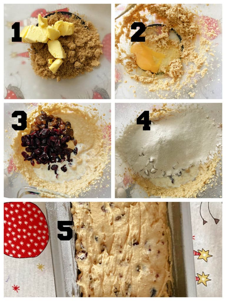 Collage of 5 photos to show how to make mincemeat loaf