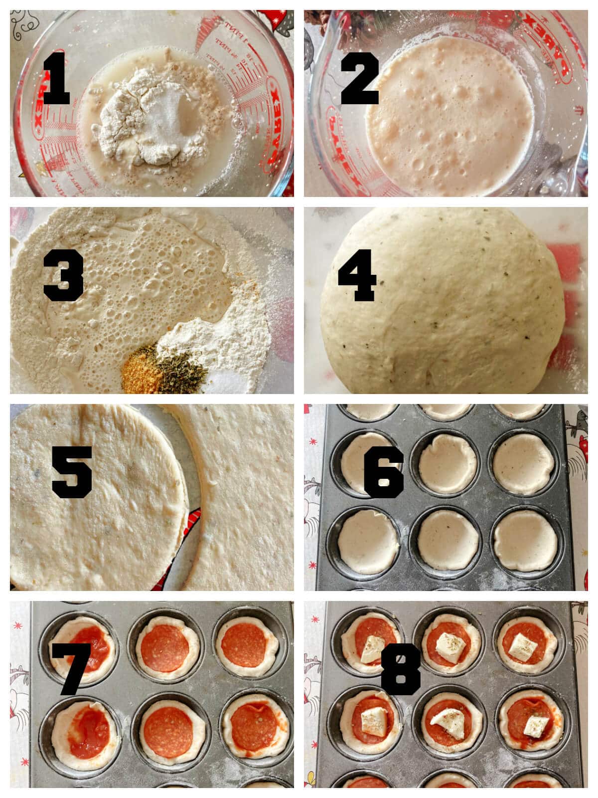 Collage of 8 photos to show how to make mini pizzas.