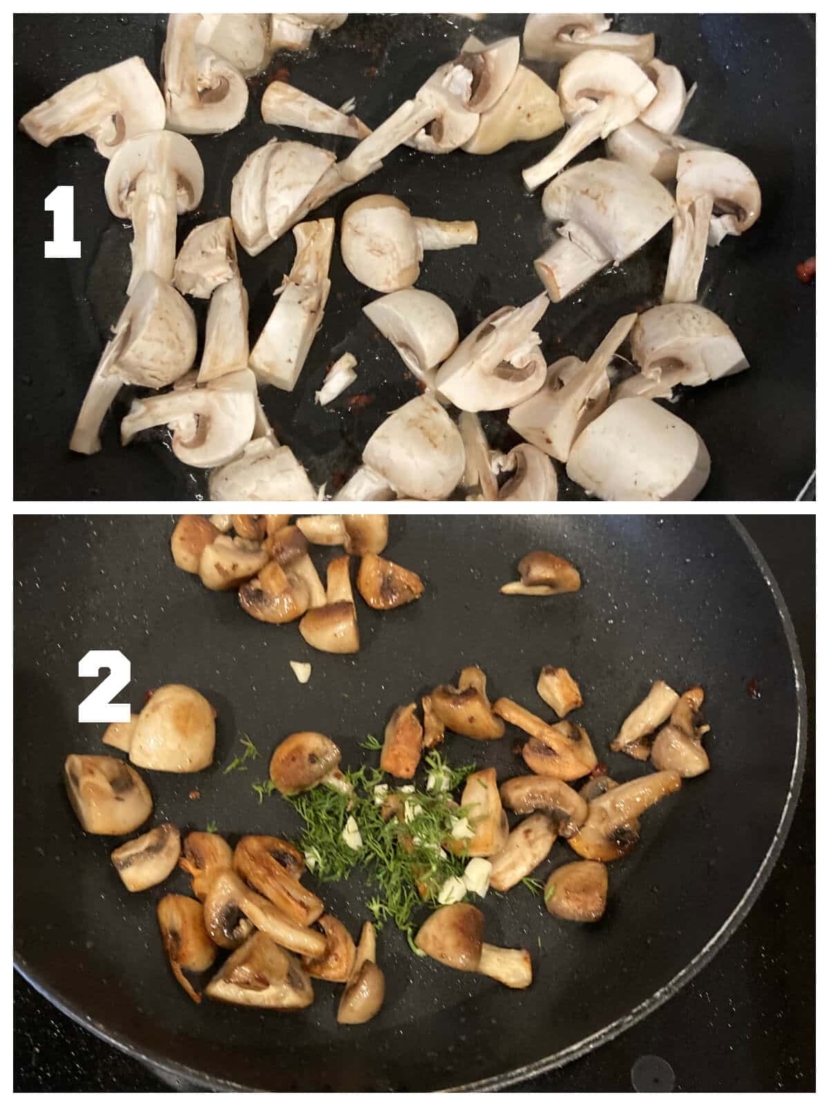 Collage of 2 photos to show how to fry the mushrooms.