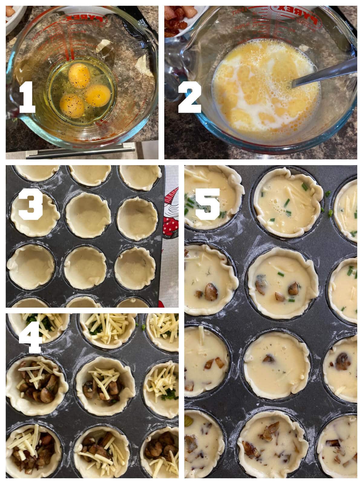 Collage of 5 photos to show how to make mini quiches.