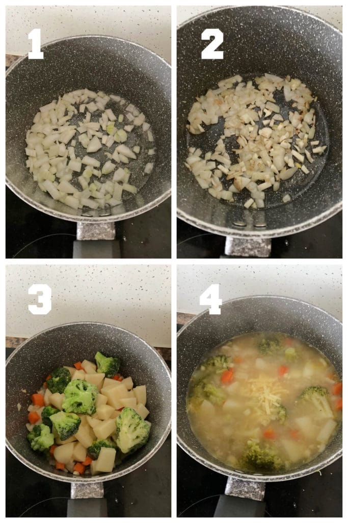 Collage of 4 photos to show how to make broccoli soup