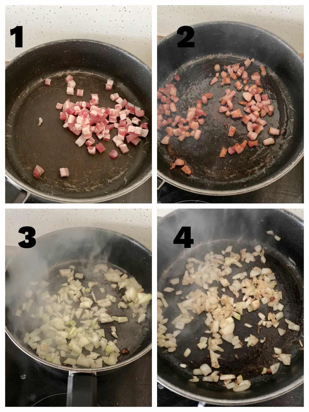 Collage of 4 photos to show how to cook the bacon and onion for the cabbage soup.