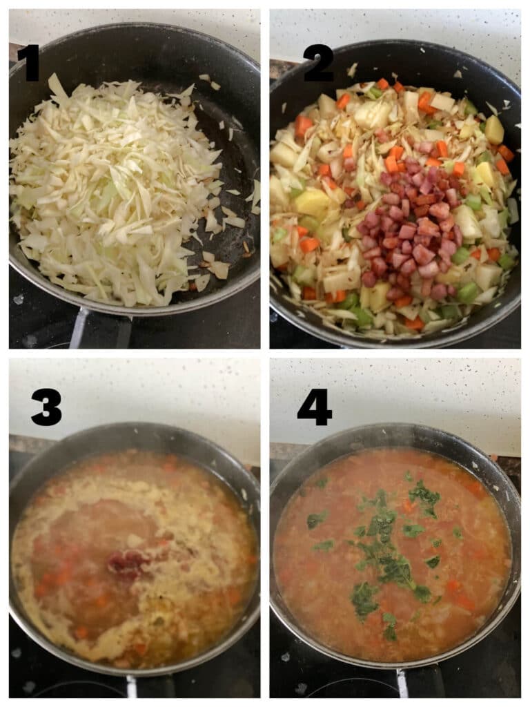Collage of 4 photos to show how to make cabbage soup