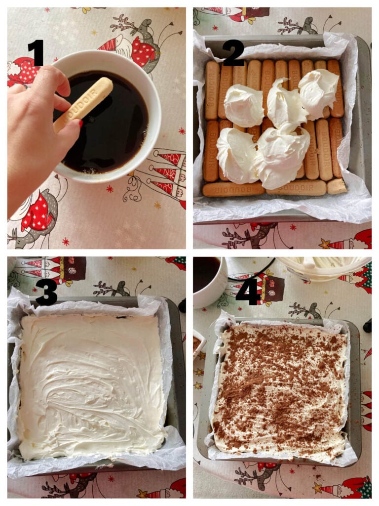 Collage of 4 photos to show how to assemble tiramisu