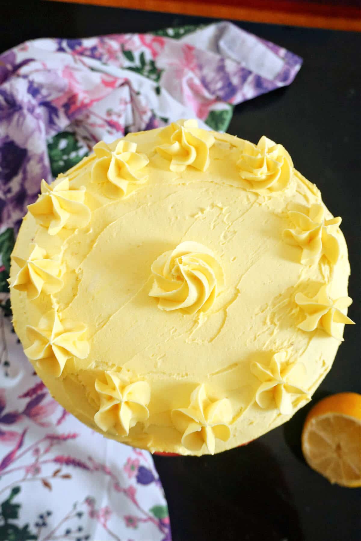 Overhead shoot of a lemon cake.