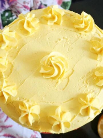 Overhead shoot of a lemon cake with lemon buttercream