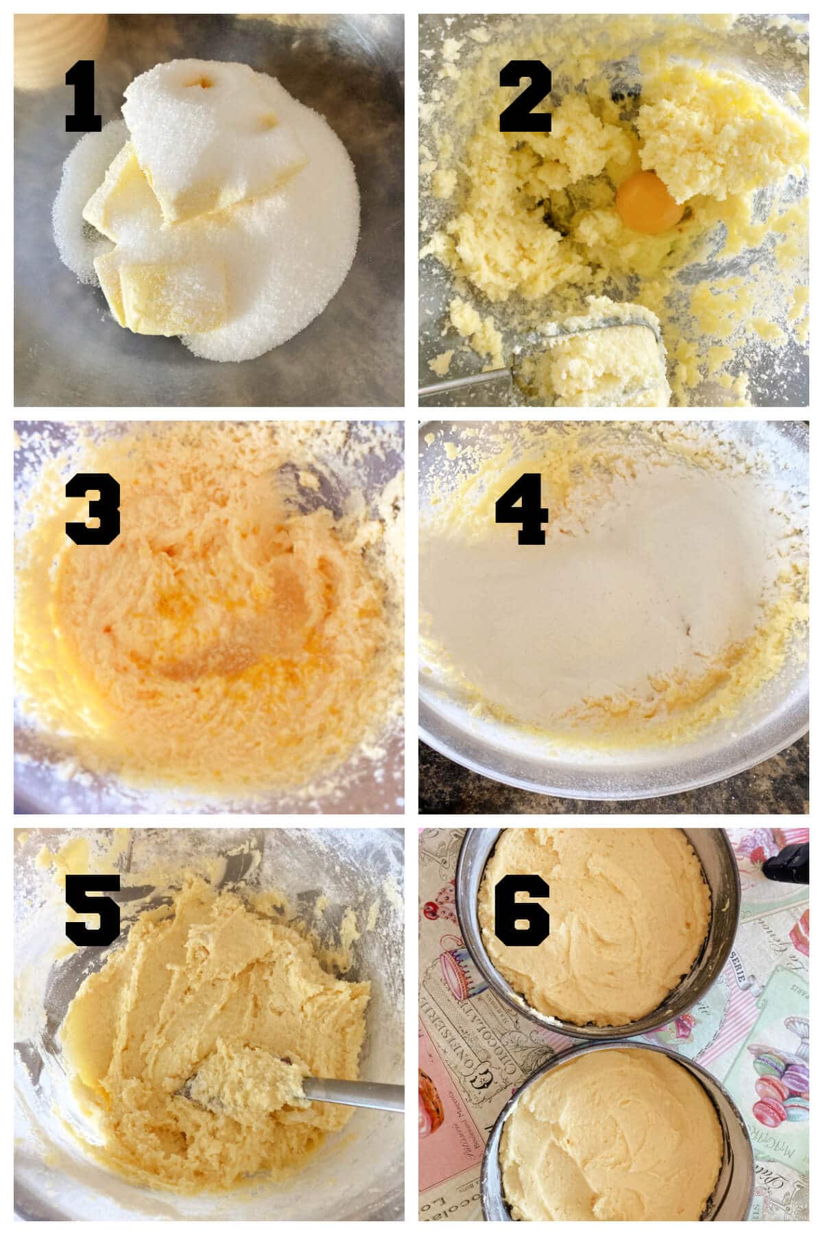 Collage of 6 photos to show how to make a lemon sponge.