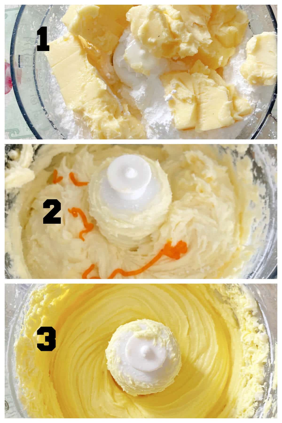 Collage of 3 photos to show how to make lemon buttercream.