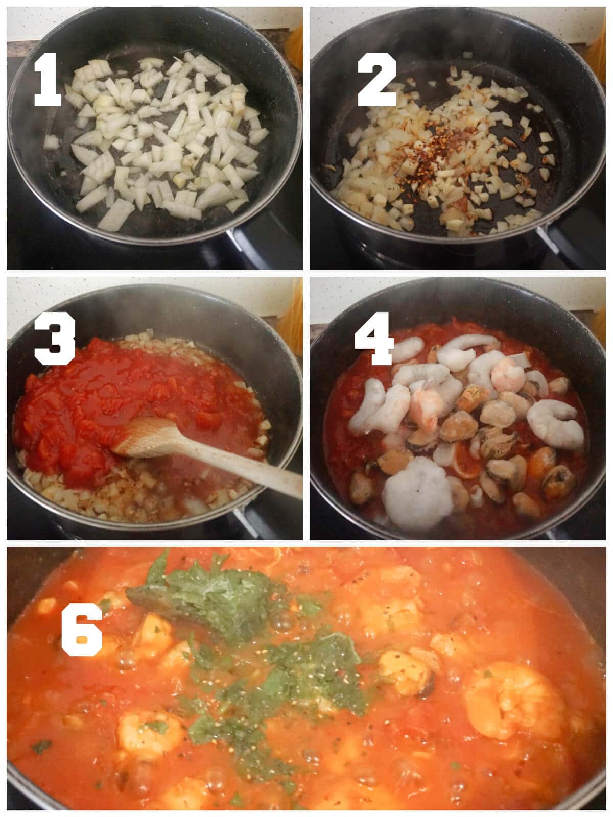 Collage of 5 photos to show how to make seafood stew.