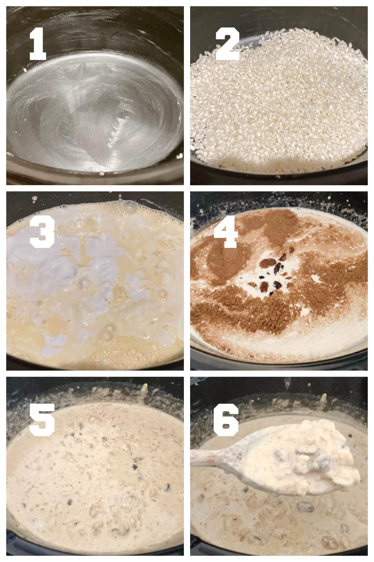 Collage of 6 photos to show how to make rice pudding in the slow cooker.