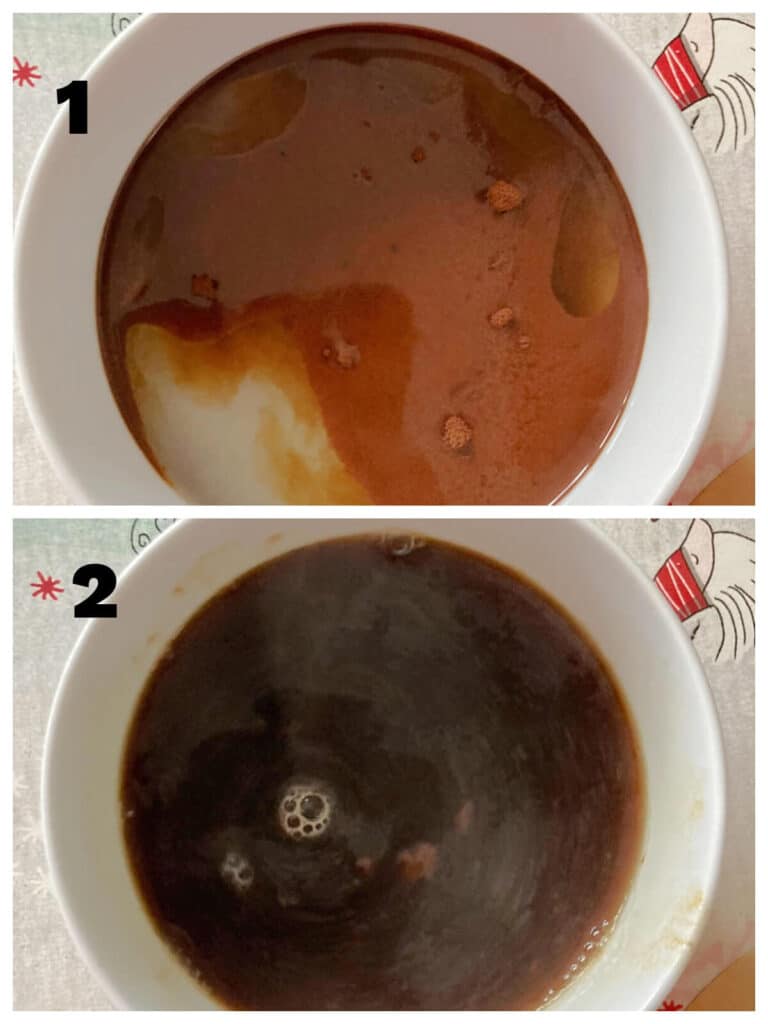 Collage of 2 photos to show how to prepare the coffee for tiramisu