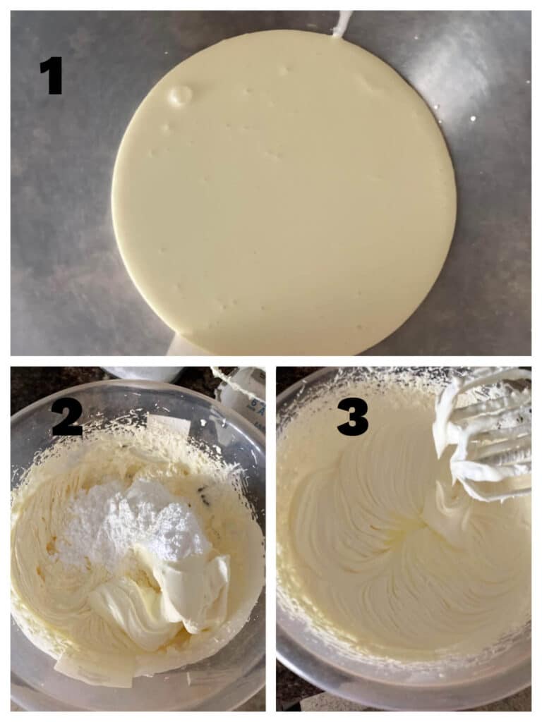 Collage of 3 photos to show how to make the filling for tiramisu