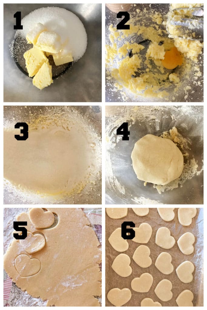 Collage of 6 photos to show how to make sugar cookies