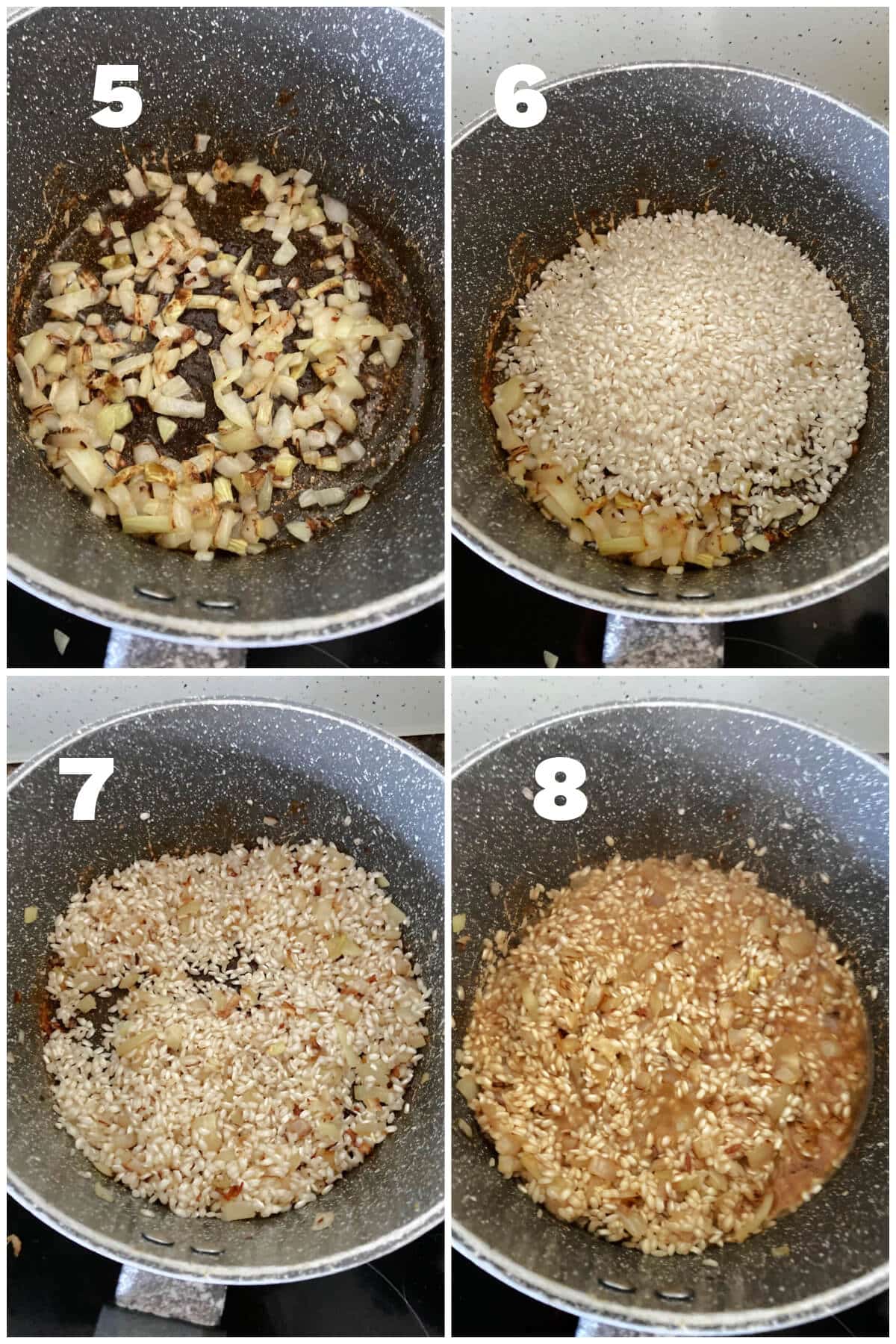 Collage of 4 photos to show how to make chicken risotto.