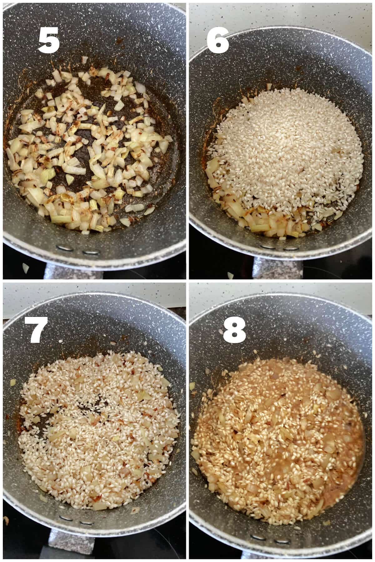 Collage of 4 photos to show how to make chicken risotto.