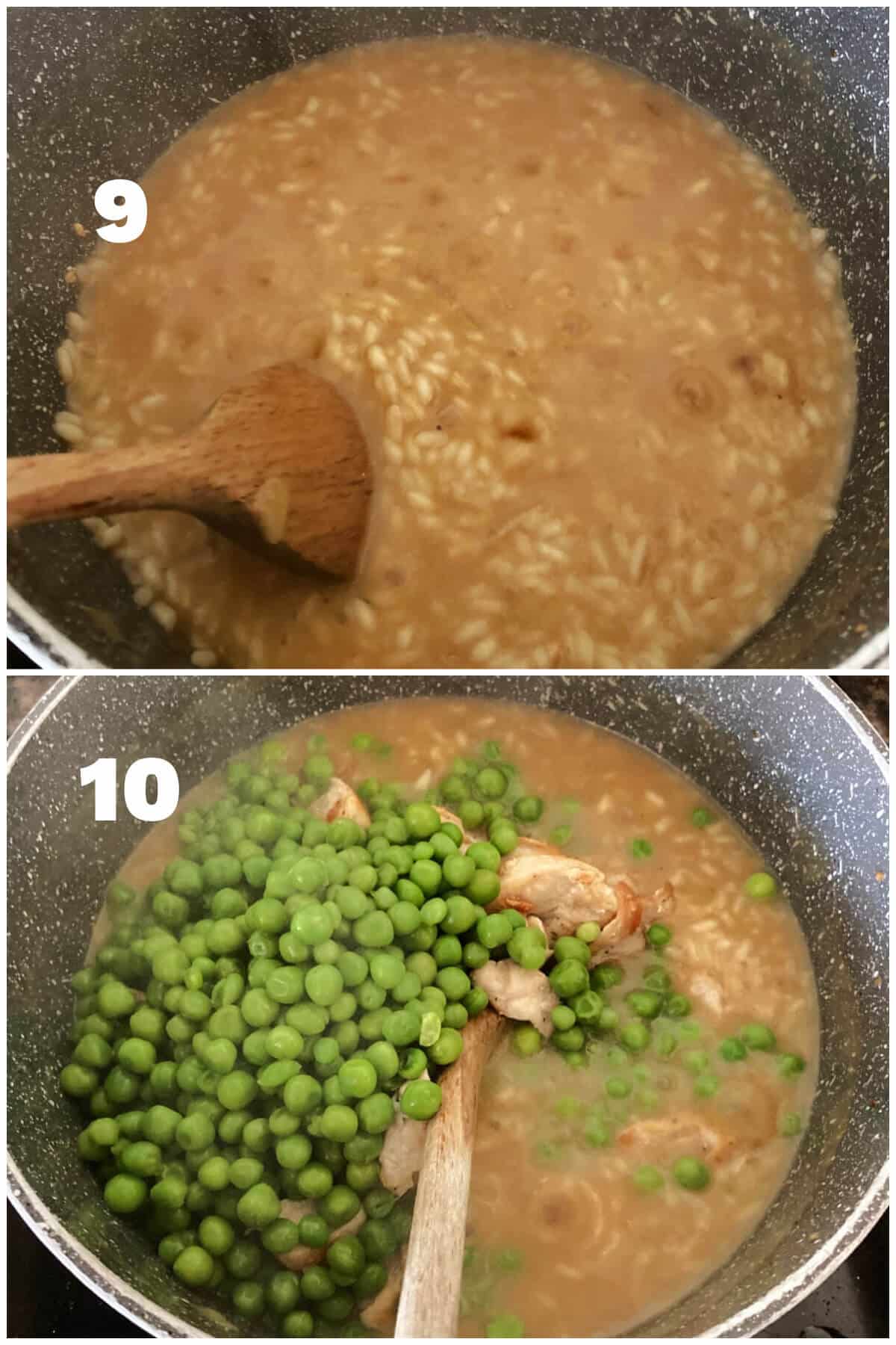 Collage of 2 photos to show how to make chicken and pea risotto.