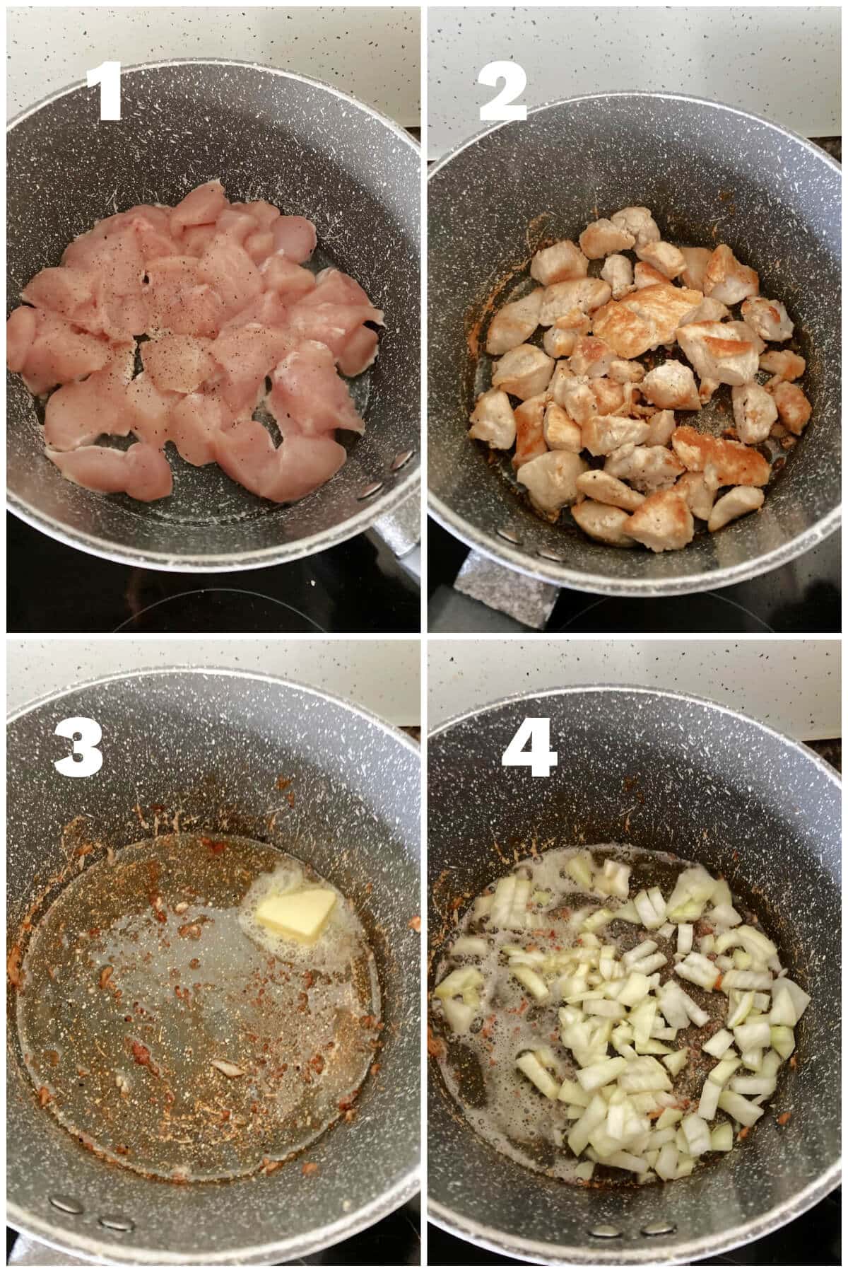 Collage of 4 photos to show how to make chicken and pea risotto.