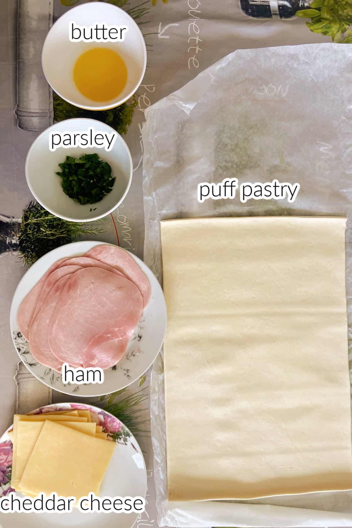 Ingredients needed to make ham and cheese pinwheels.