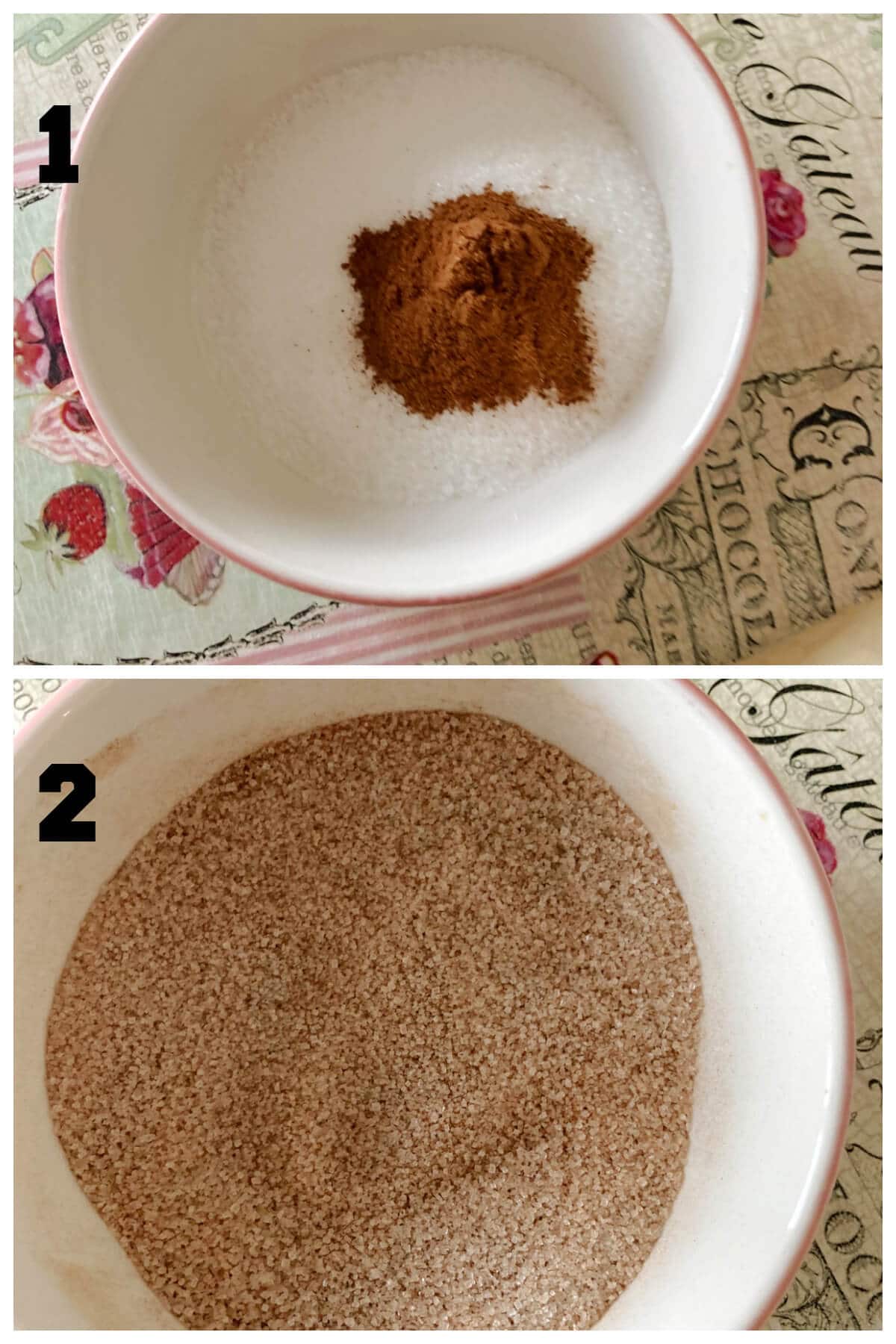 Collage of 2 photos to show how to make cinnamon sugar.