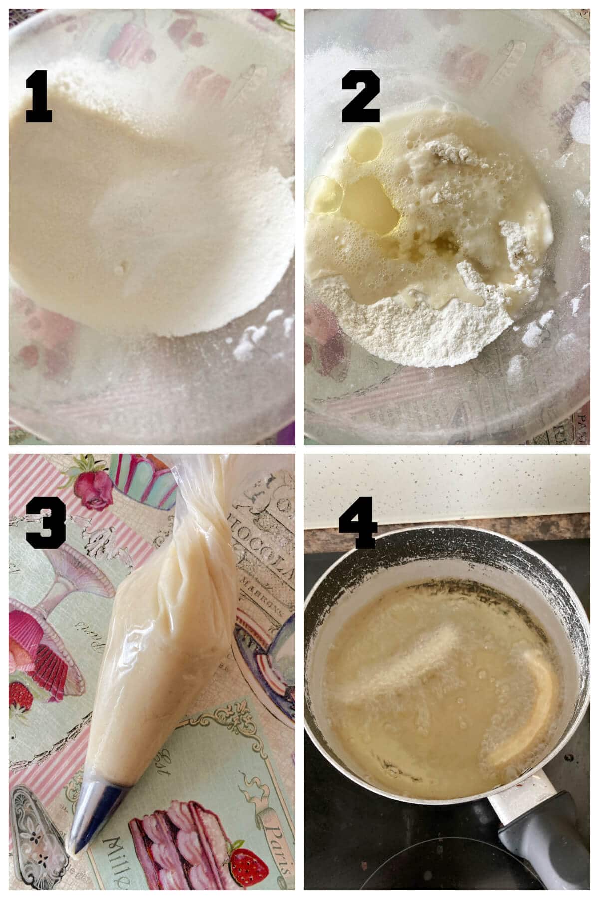Collage of 4 photos to show how to make churros.