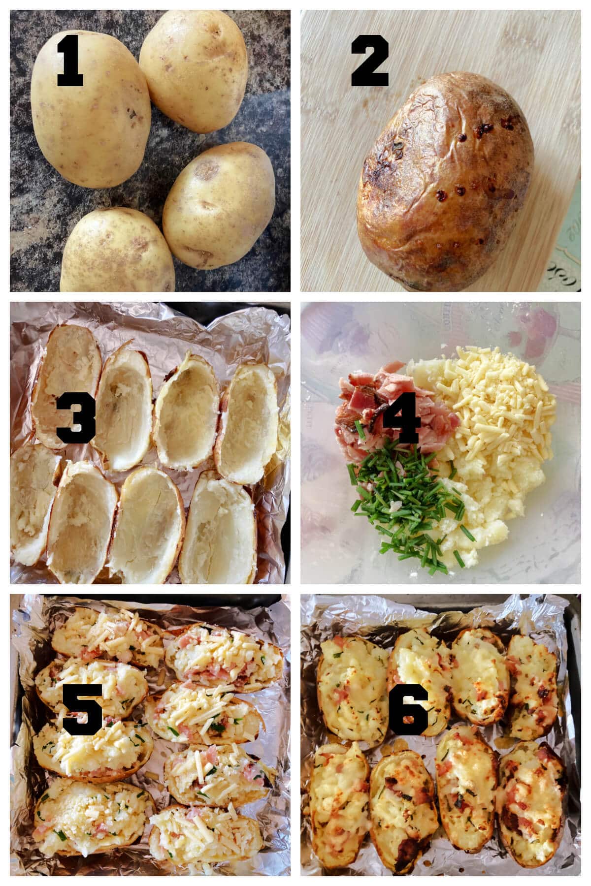 Collage of 6 photos to show how to make potato skins.